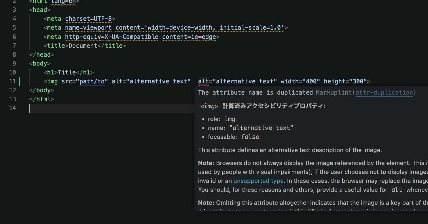 Hover popup on the duplicated attribute showing the message "The attribute name is duplicated Markuplint(attr-duplication)" with computed accessibility properties: role is img, name is "alternative text", focusable is false
