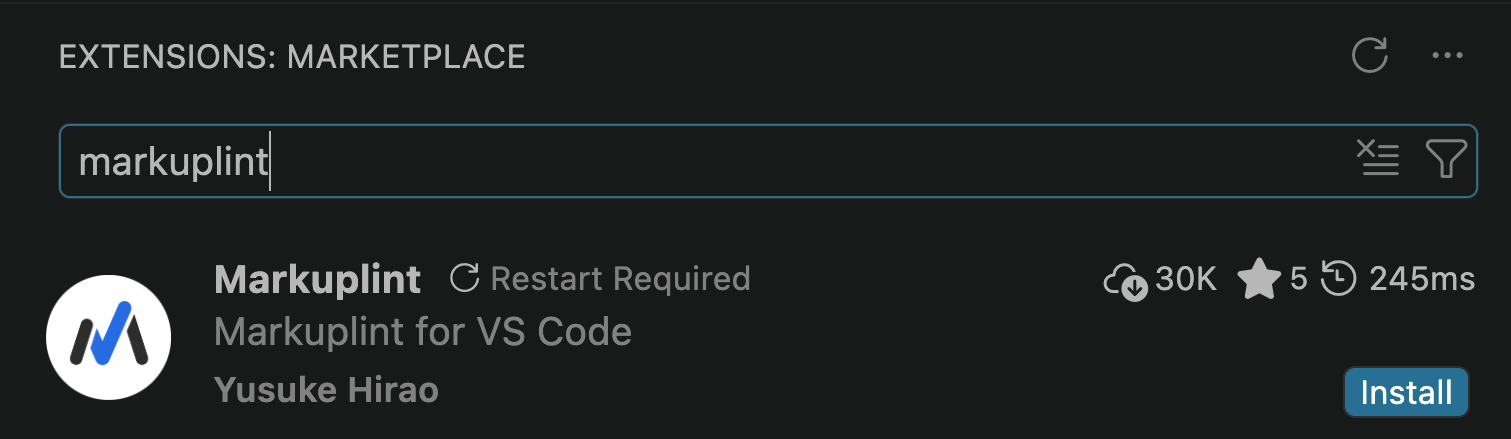 VS Code extensions panel: searching "markuplint" shows the Markuplint extension by Yusuke Hirao